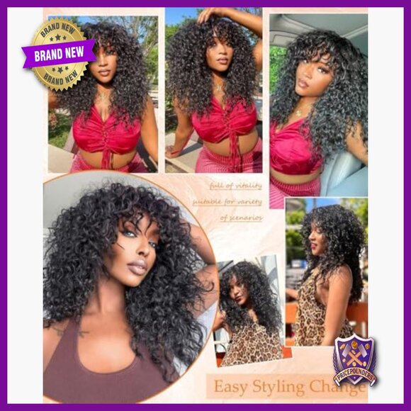 Long Curly Human Hair Wig with Bangs, Glueless, True Scalp, Daily Wear main image 5